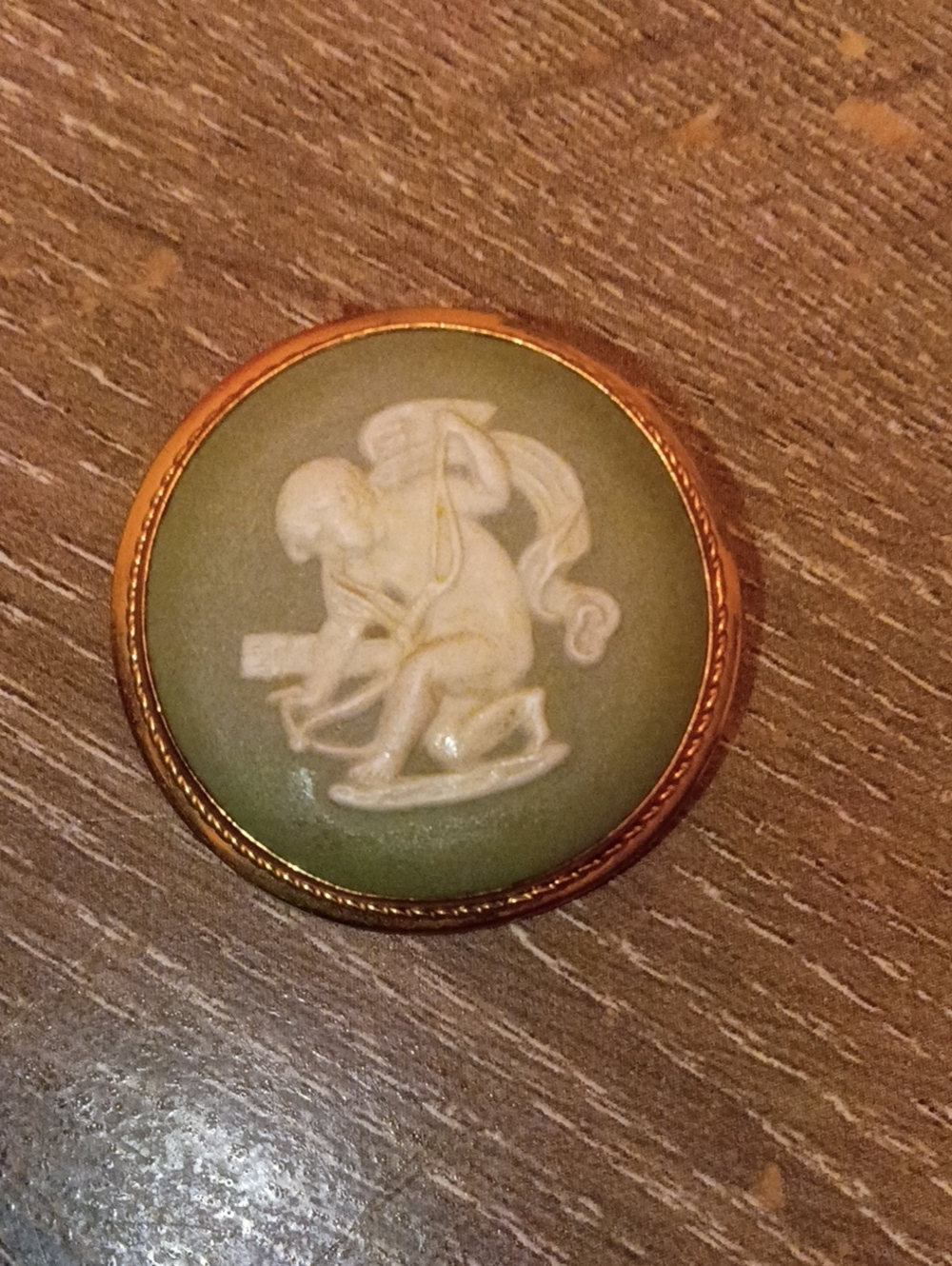 12K GF VAN DELL Brooch Pendant Cameo WEDGWOOD JASPERWARE Green Cherub Cupid